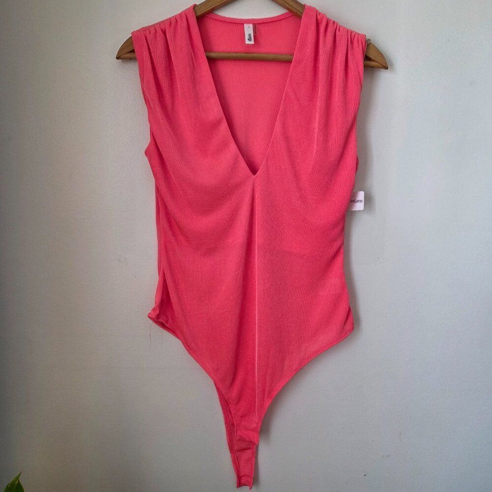 NEW WITH TAG GLAM PINK DEEP V NECK BODYSUIT SIZE LARGE
